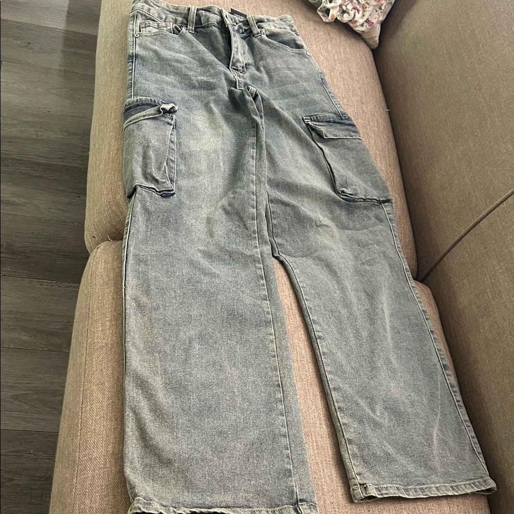 VIP Washed Gray Straight-Leg Cargo Jeans